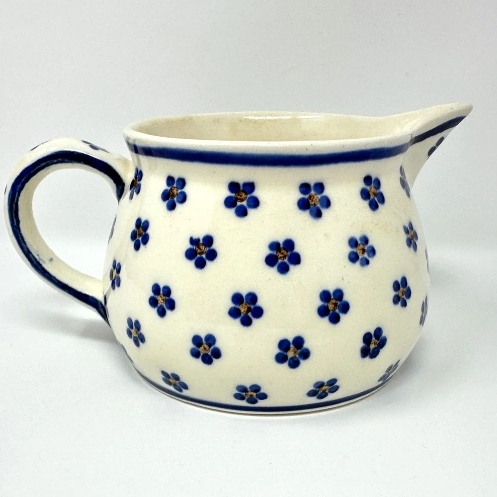 Vintage Heise Bunzlau Pitcher Squat Jug 1L/32oz Blue Daisy German Polish Pottery